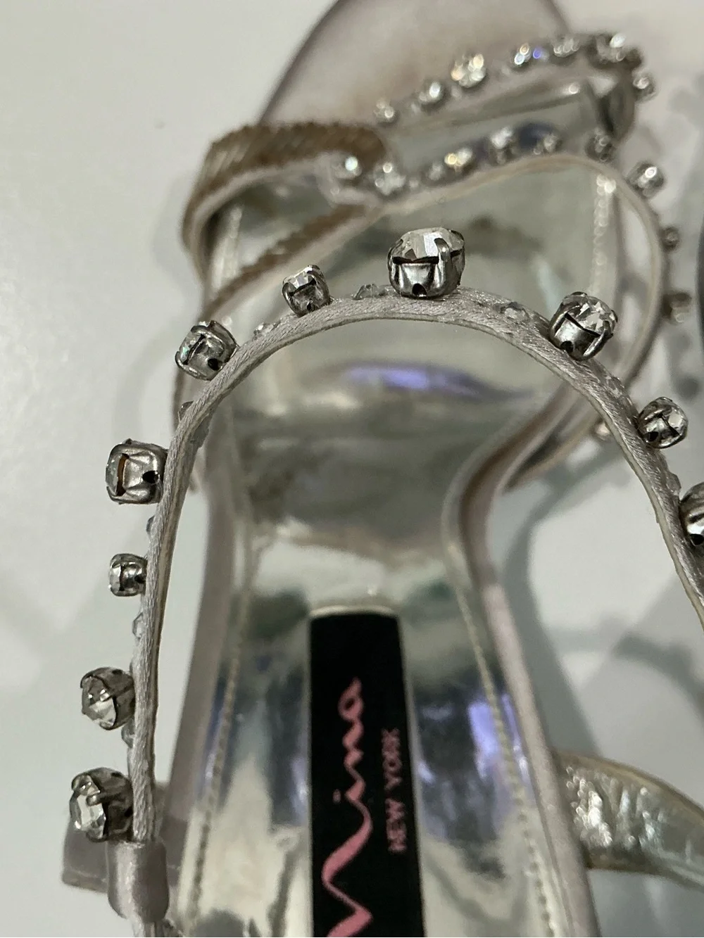 Nina, New York women, satin rhinestone ankle strap evening heels, size 10 M
